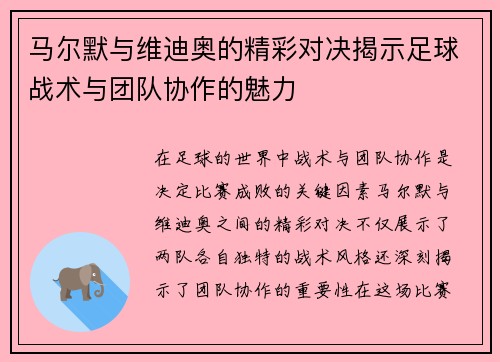马尔默与维迪奥的精彩对决揭示足球战术与团队协作的魅力